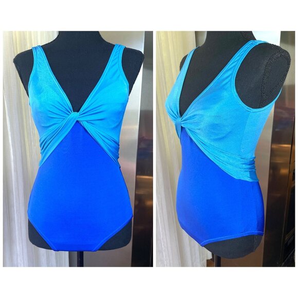 Vintage 70s Sea Queen bathing suit, one piece blue swimsuit, low cut, size 4 - Picture 1 of 10